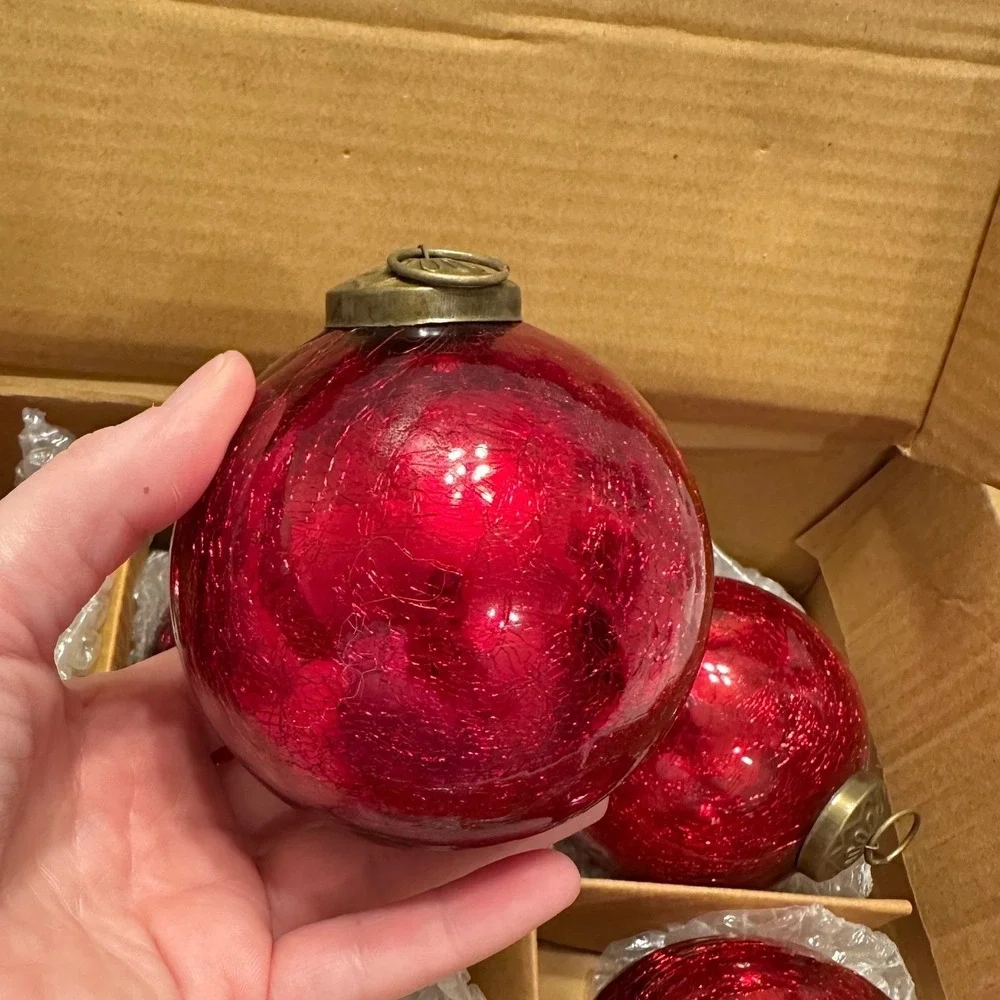 Restoration Hardware Red Crackle Glass Christmas Ornaments Set of 6 Brass Top‎